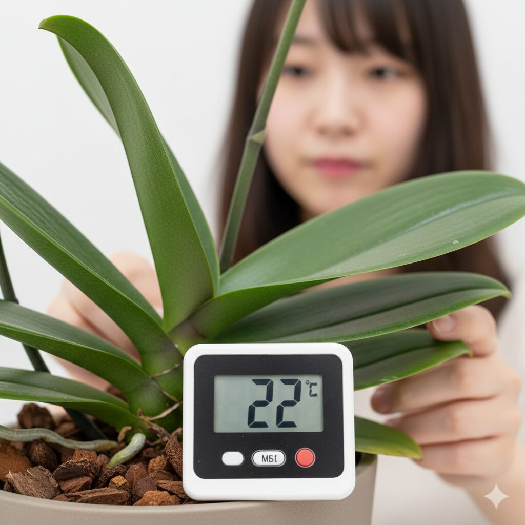 胡蝶蘭 育て方 初心者 冬2　冬の胡蝶蘭栽培に欠かせないデジタル温度計による室内温度チェックの様子