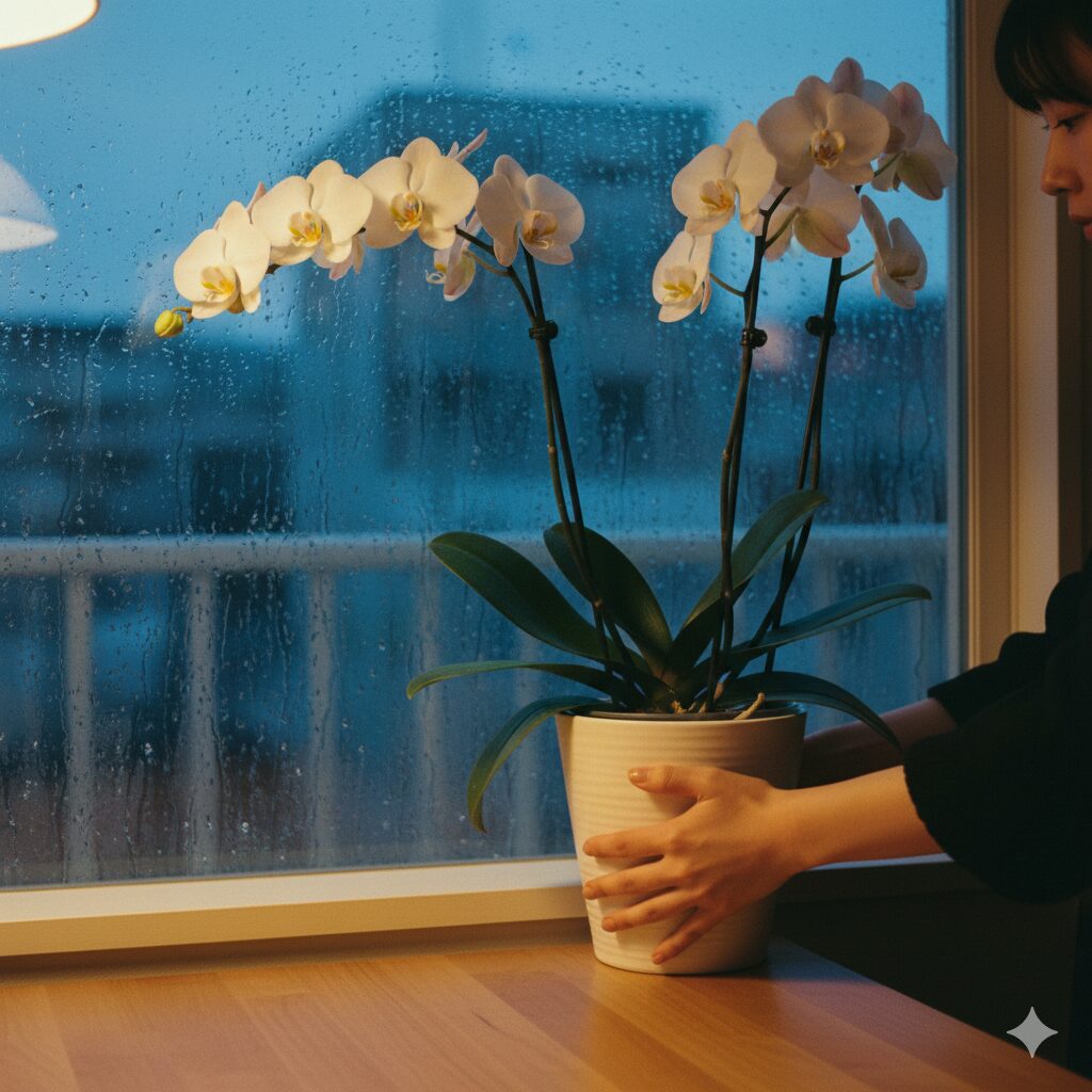 胡蝶蘭 育て方 初心者 冬3　冬の夜間の冷え込みを避けるために胡蝶蘭を窓際から部屋の中央へ移動させる様子
