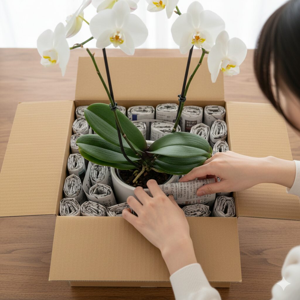 胡蝶蘭 育て方 初心者 冬4　段ボールと新聞紙を使って冬の寒さから胡蝶蘭を守る保温対策の具体例