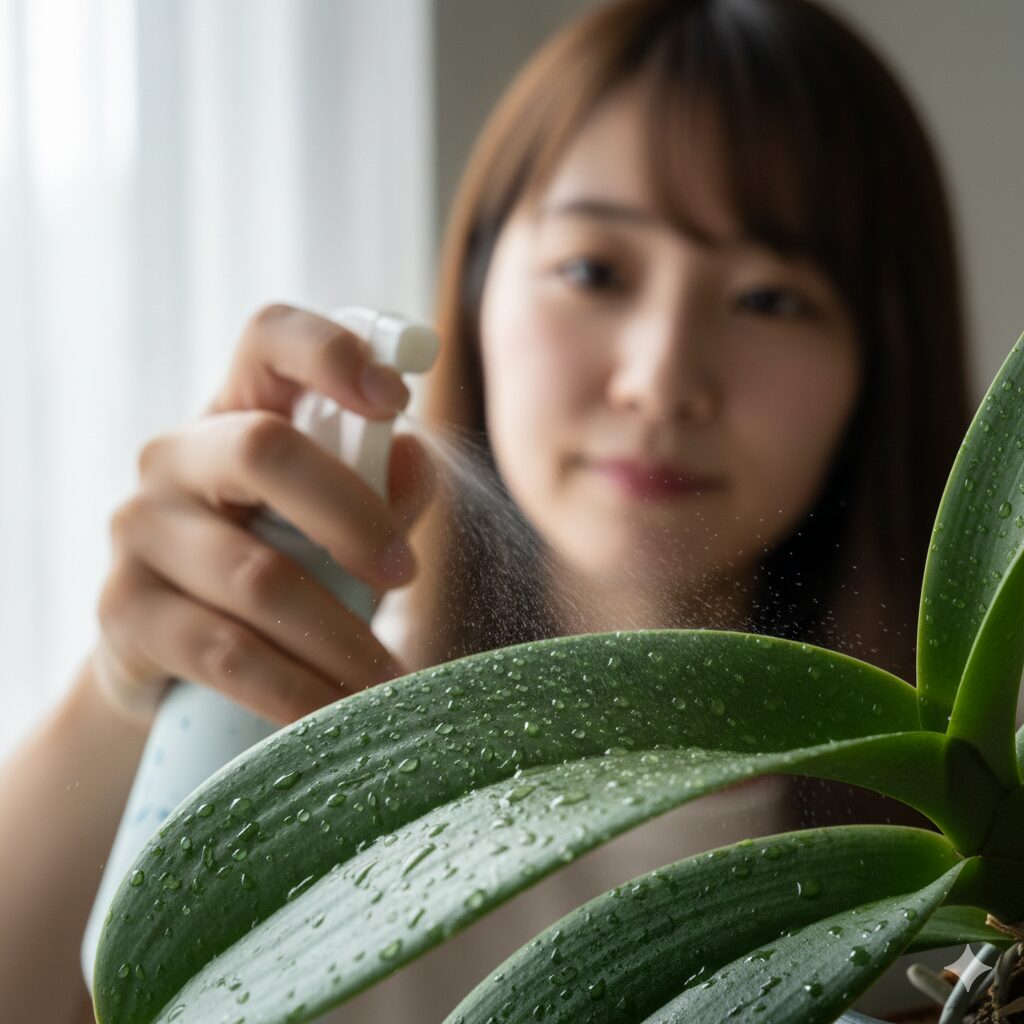 胡蝶蘭 育て方 初心者 冬6　乾燥対策として霧吹きで胡蝶蘭の葉の裏側に葉水を行う様子