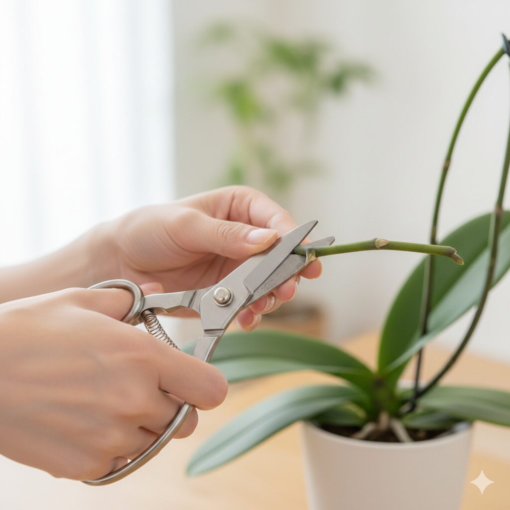 胡蝶蘭 育て方 初心者 冬7　冬越しのために胡蝶蘭の花茎を根元から正しく剪定する方法