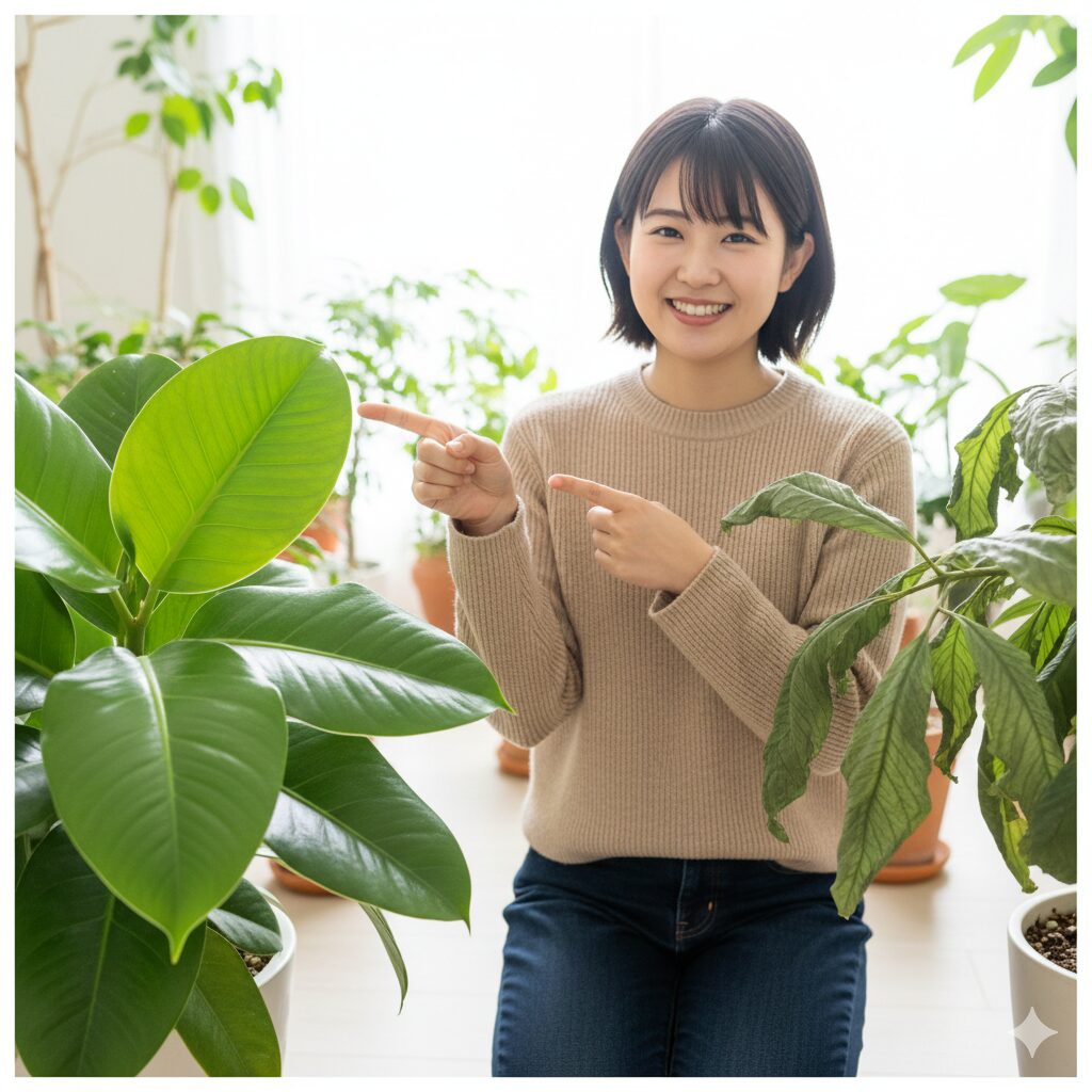 胡蝶蘭 育て方 初心者 冬8　胡蝶蘭の健康な葉と水不足でシワが寄った葉の比較診断イメージ