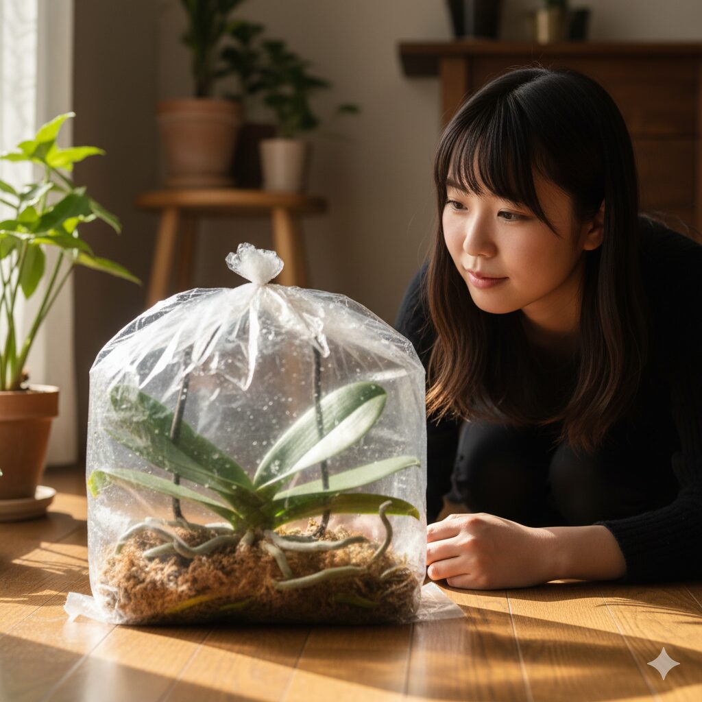 胡蝶蘭 育て方 初心者 冬9　根腐れした胡蝶蘭を復活させるためのビニール袋温室法による救急処置