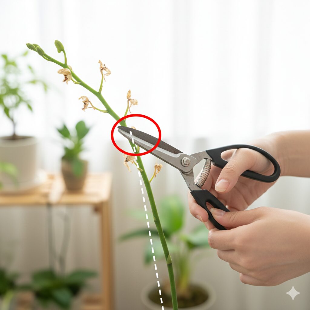 胡蝶蘭 育て方 初心者 植え 替え10　二度咲きを狙うために胡蝶蘭の花茎をカットする適切な位置