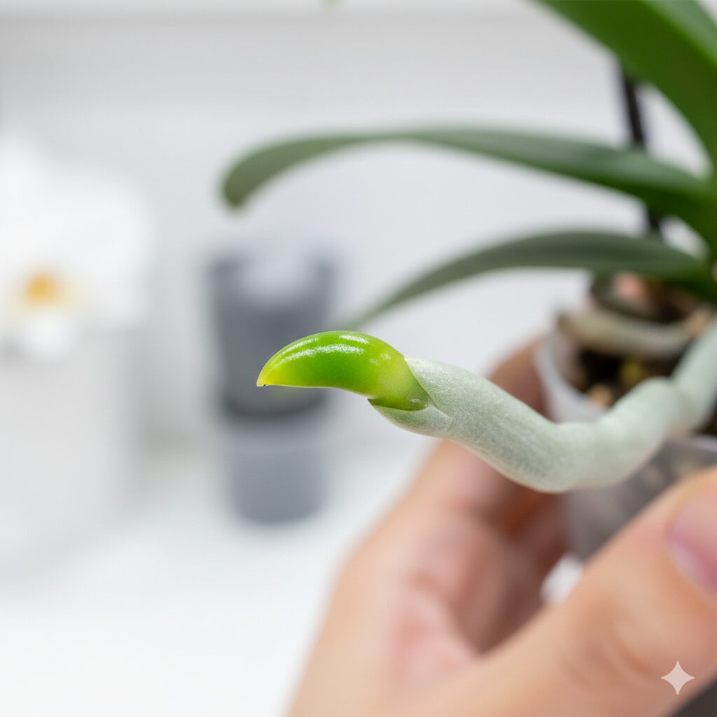 胡蝶蘭 育て方 初心者 植え 替え2　胡蝶蘭の植え替え時期のサインとなる瑞々しい緑色の根の成長点