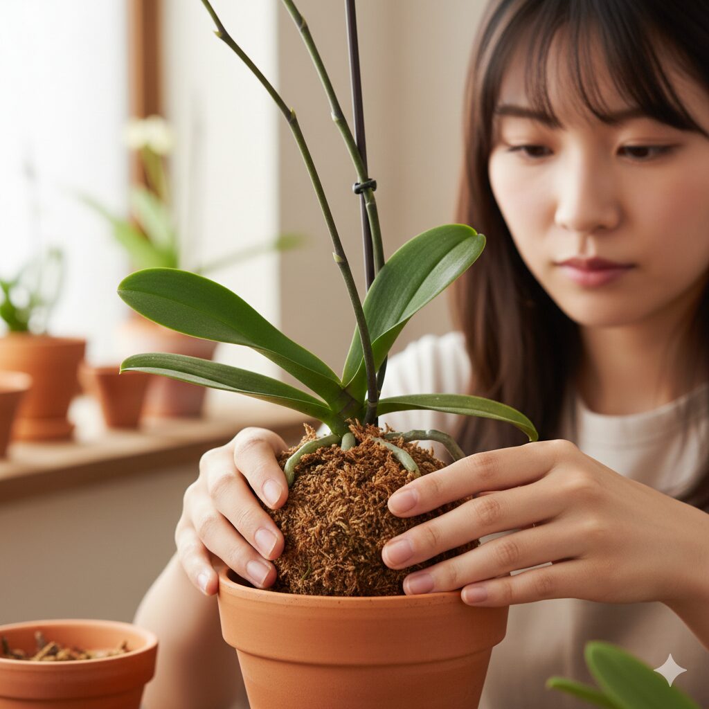 胡蝶蘭 育て方 初心者 植え 替え5　水苔と素焼き鉢を使用した胡蝶蘭の正しい植え込み方法
