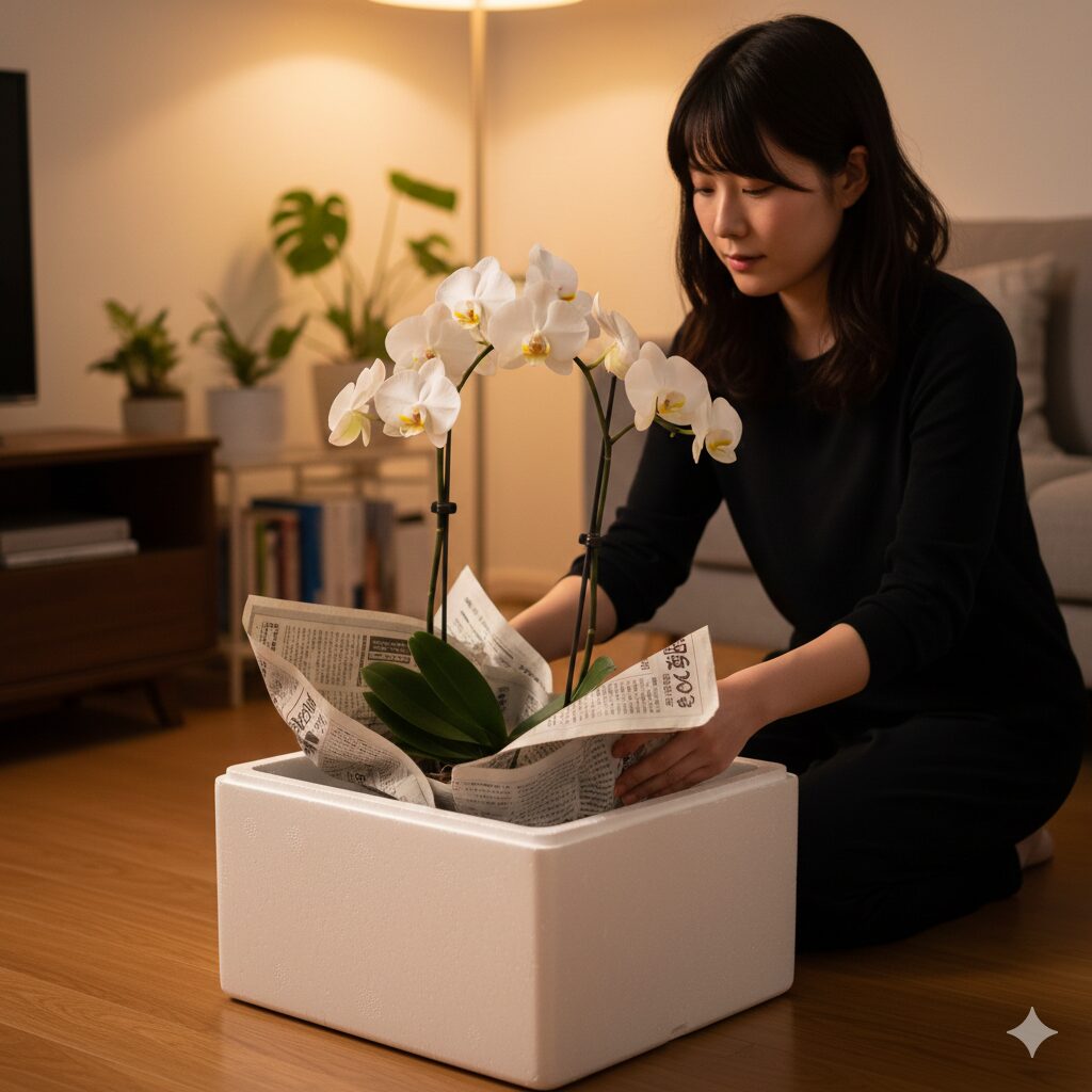胡蝶蘭 育て方 初心者 植え 替え9　夜間の防寒対策として、胡蝶蘭の鉢を発泡スチロールの箱に入れ、上から新聞紙をふわっと被せている様子。一般家庭の室内でできる、リアルで実践的な寒さ対策を捉えた写真。