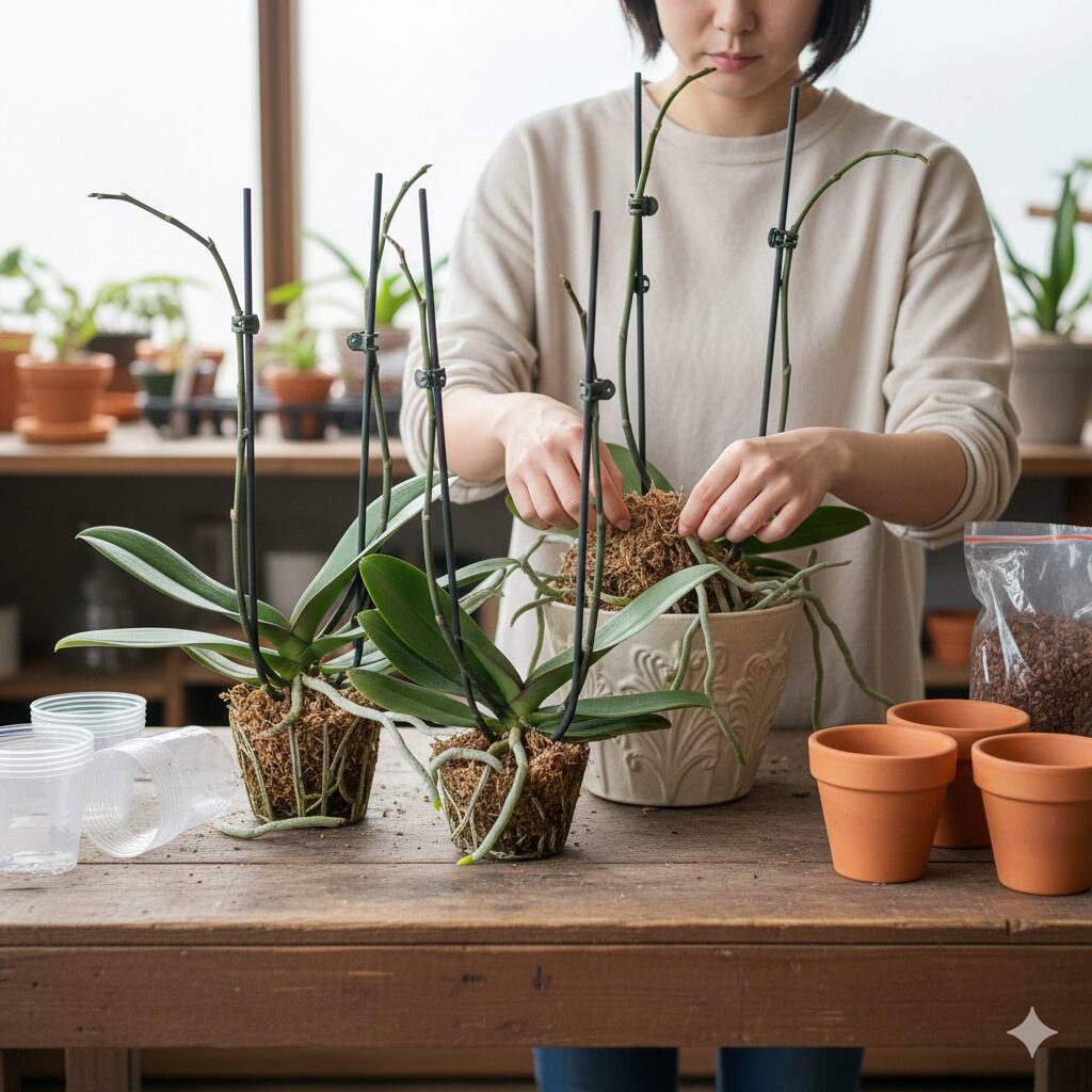 胡蝶蘭 育て方 花が終わったら10　寄せ植えの胡蝶蘭を解体して個別の鉢へ植え替える準備段階