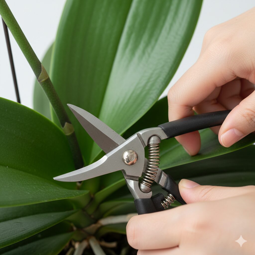 胡蝶蘭 育て方 花が終わったら2　胡蝶蘭を休ませるために株元から数センチの位置で行う正しい剪定の方法