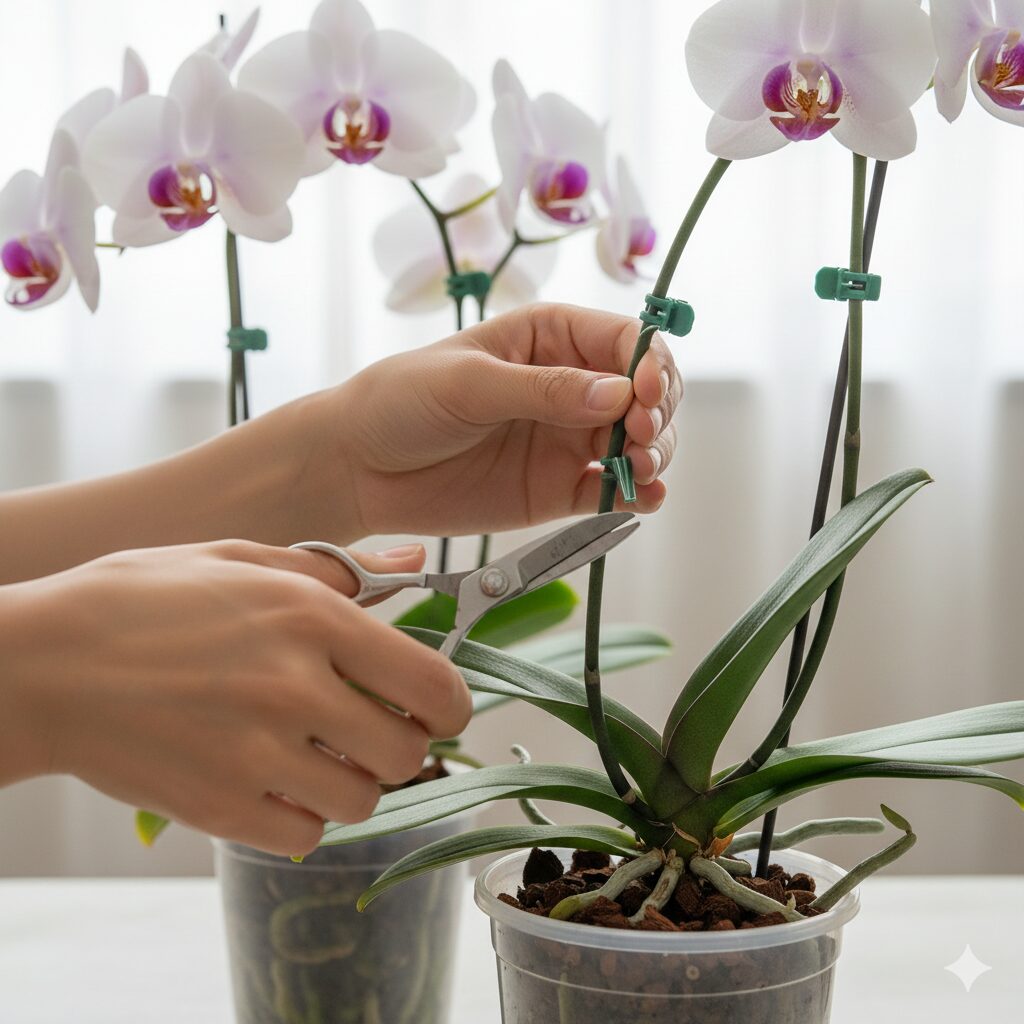 胡蝶蘭 育て方 花が終わったら3　胡蝶蘭の根を傷めないようにビニールタイを外して支柱を撤去する作業