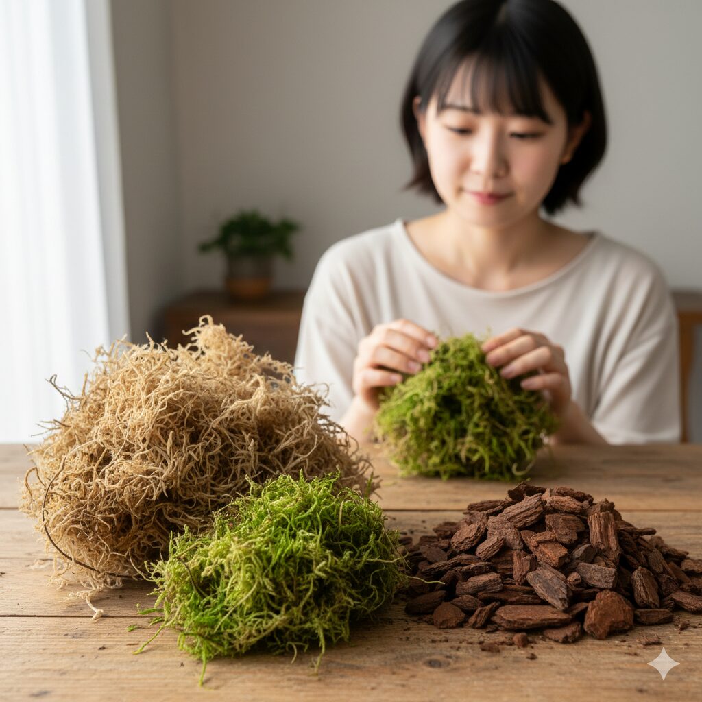 胡蝶蘭 育て方 花が終わったら4　胡蝶蘭の植え替えに使用する乾燥水苔とバークチップの比較準備