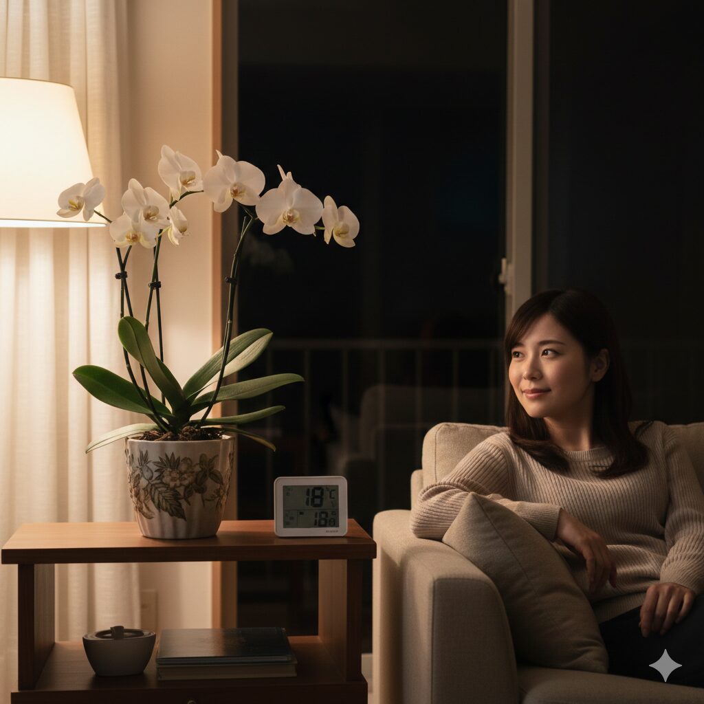 胡蝶蘭 育て方 花が終わったら6　冬の夜間に胡蝶蘭を窓際から離して適切な室温で管理する様子
