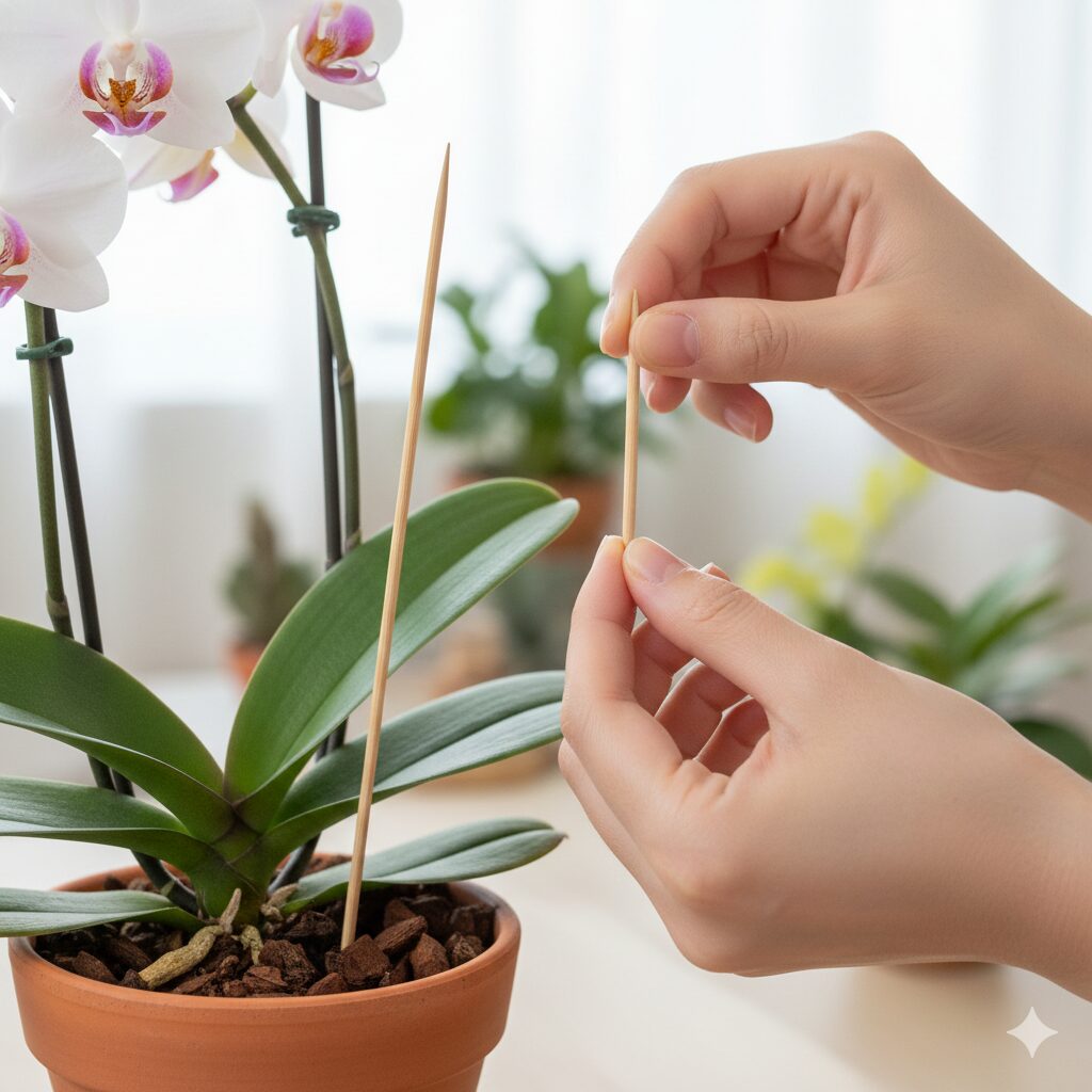 胡蝶蘭 育て方 花が終わったら7　竹串を使って胡蝶蘭の鉢の中の乾燥状態を確認する水やりのコツ