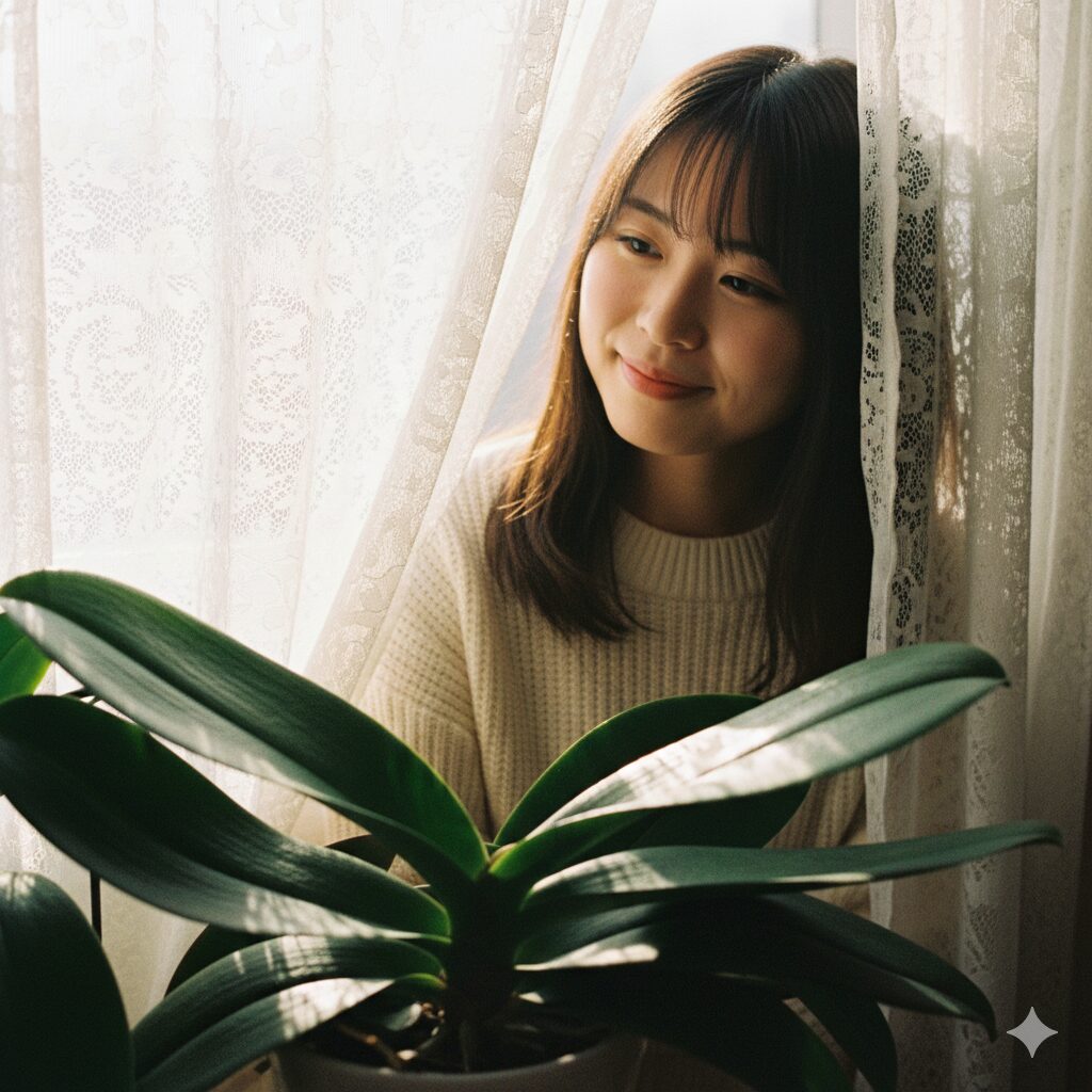 胡蝶蘭 育て方 花が終わったら8　直射日光を避けてレースのカーテン越しに胡蝶蘭を置く理想的な光の環境