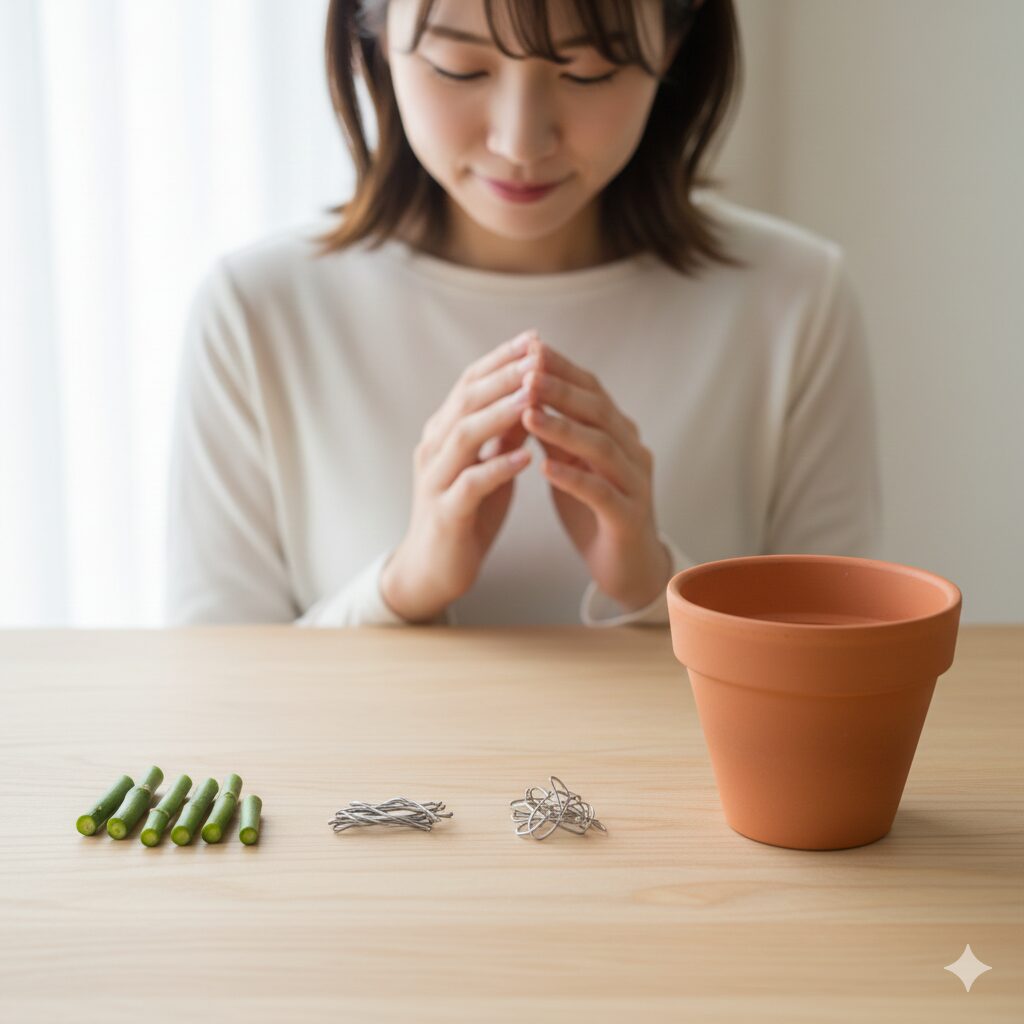 胡蝶蘭 葉が全て落ちた10　自治体のルールに合わせて分別された胡蝶蘭、金属支柱、素焼き鉢。