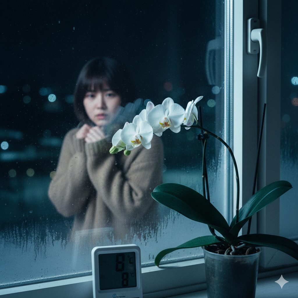 胡蝶蘭 葉が全て落ちた2　冬の寒い窓際に置かれた胡蝶蘭と、10度を下回る気温を表示する温度計。