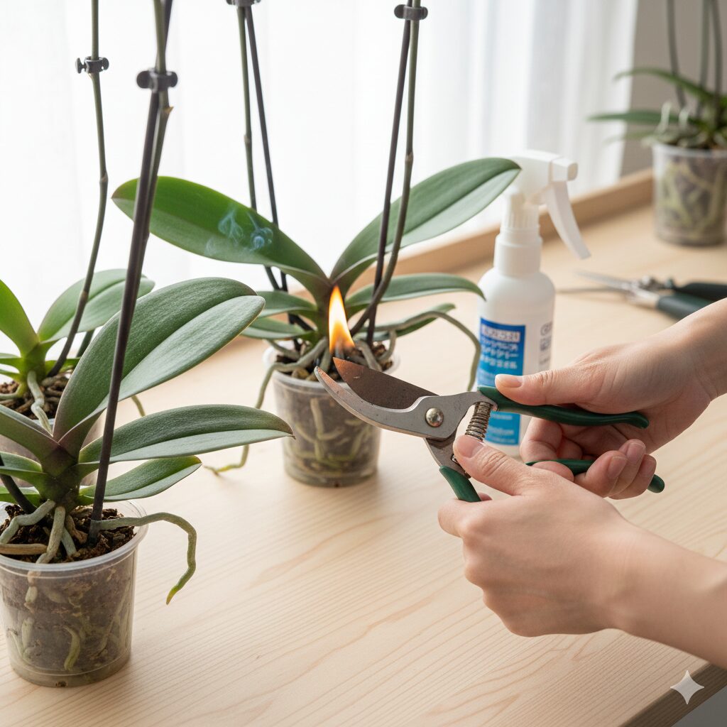 胡蝶蘭 葉が全て落ちた6　胡蝶蘭の外科処置前に、ライターでハサミを熱消毒している様子。