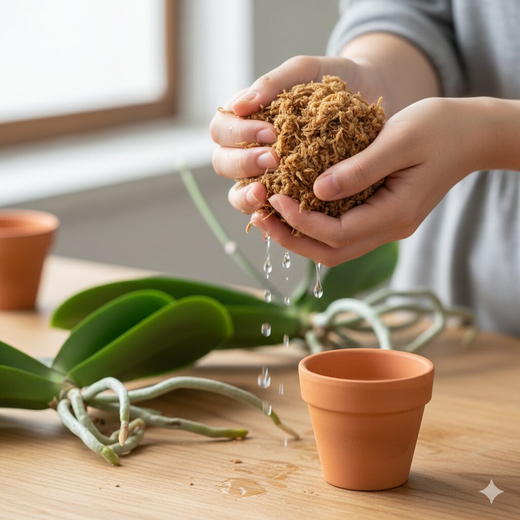 胡蝶蘭 葉が全て落ちた7　胡蝶蘭の植え替えに使う小さめの素焼き鉢と、固く絞った水苔。