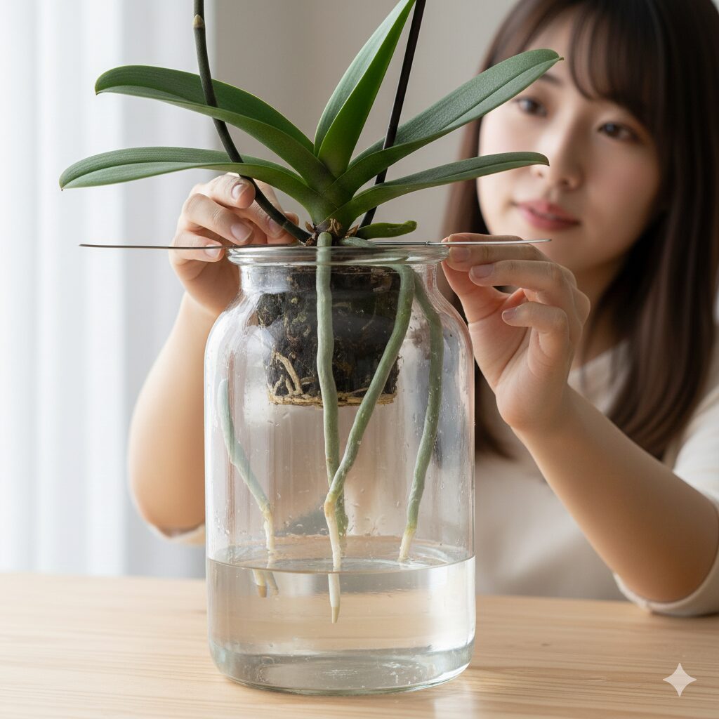 胡蝶蘭 葉が全て落ちた8　根のない胡蝶蘭の「芯」だけを水に浸けて行う芯出し法の水栽培。