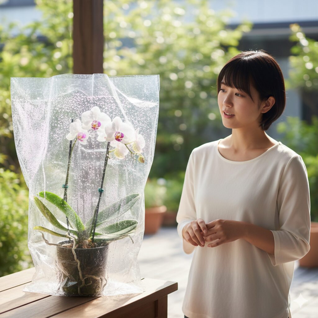 胡蝶蘭 葉が全て落ちた9　高湿度を保ち再生を促す、胡蝶蘭のビニール袋密閉法の管理状態。