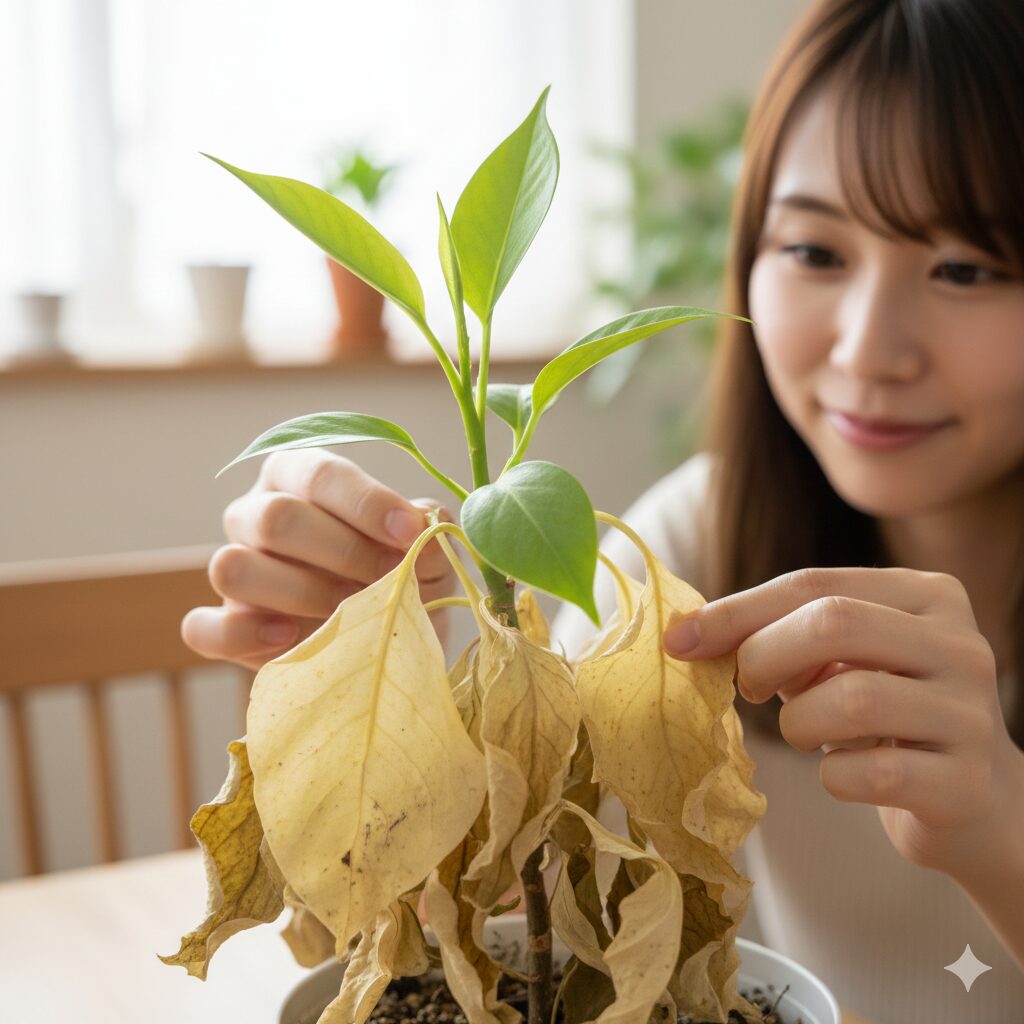 胡蝶蘭 葉が黄色2　寿命により一番下の古い葉だけが自然に黄色く落葉しようとしている胡蝶蘭