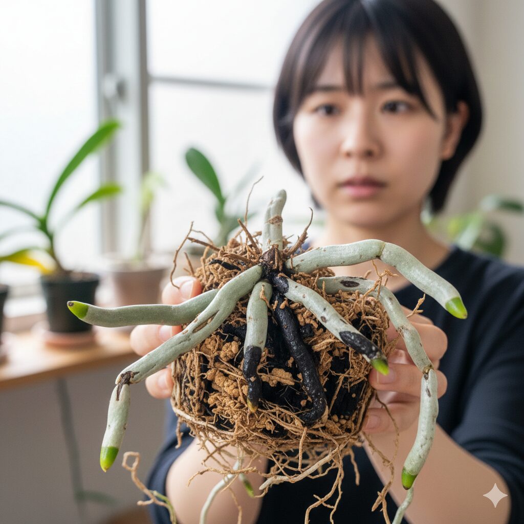 胡蝶蘭 葉が黄色3　根腐れによって黒く変色した胡蝶蘭の根と健康な根の比較写真