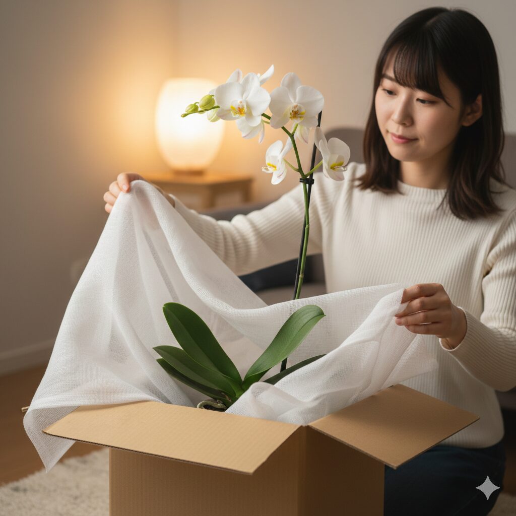 胡蝶蘭 葉が黄色6　冬の夜間の寒さから守るために段ボールで保温対策を施された胡蝶蘭の鉢