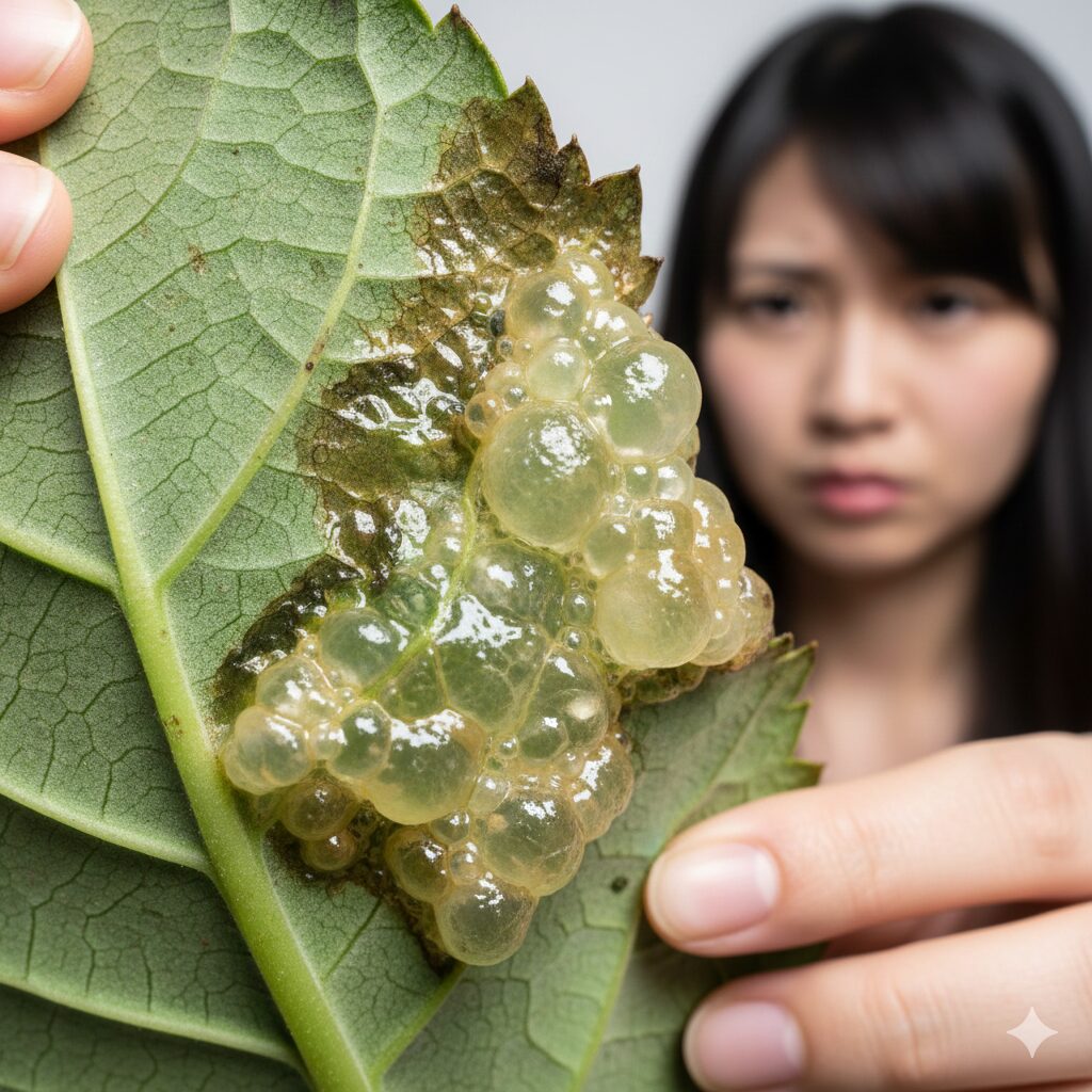 胡蝶蘭 葉が黄色7　軟腐病により葉の組織が水っぽくぶよぶよした質感に溶け出した様子