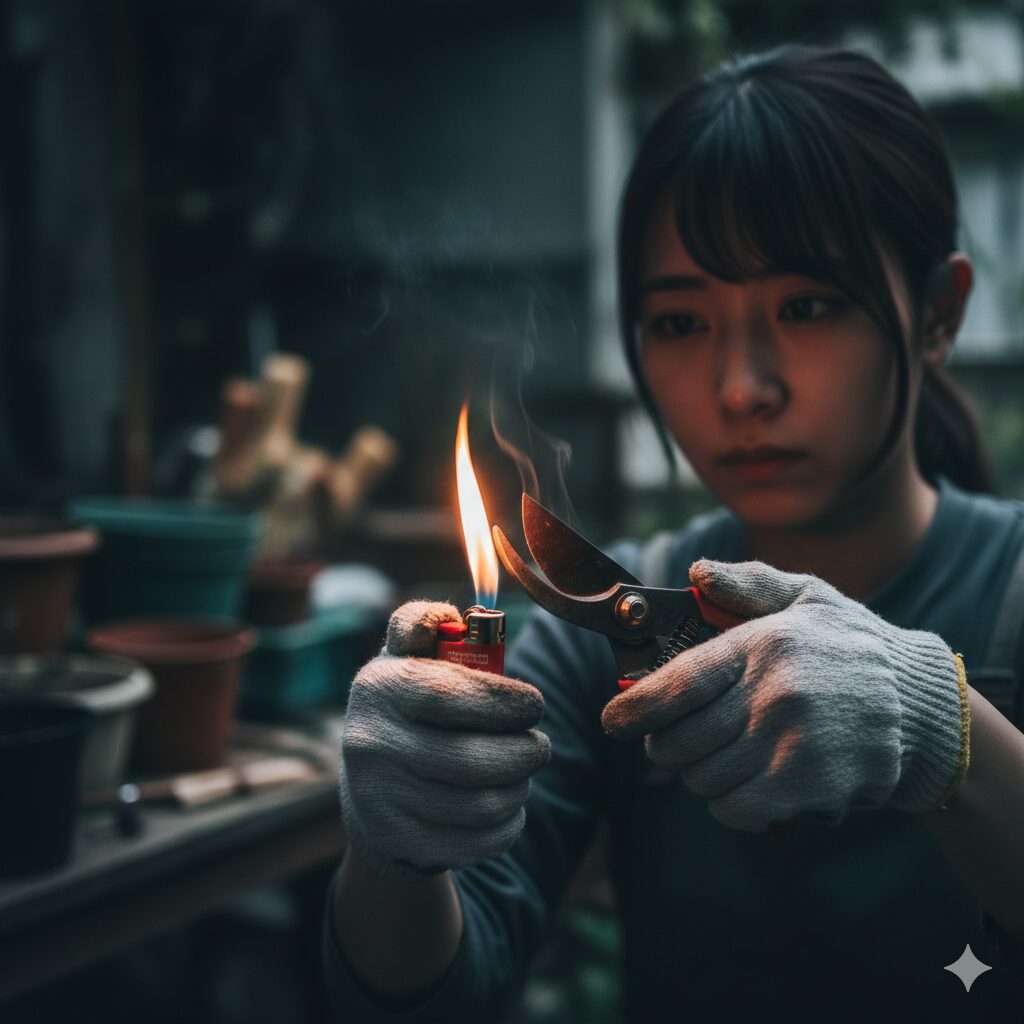 胡蝶蘭 葉が黄色8　胡蝶蘭の病変部を切り取る前に剪定ハサミを火で熱消毒する手順