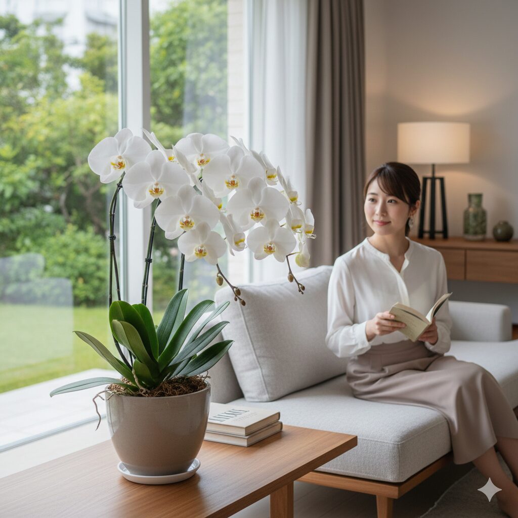胡蝶蘭花言葉1　窓際からの自然光に照らされた、気品あふれる白い大輪胡蝶蘭の鉢植え