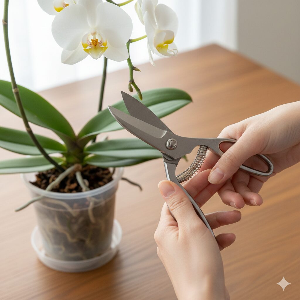 胡蝶蘭花言葉10　二番花を咲かせるために、胡蝶蘭の茎を正しい位置でカットする手入れの様子