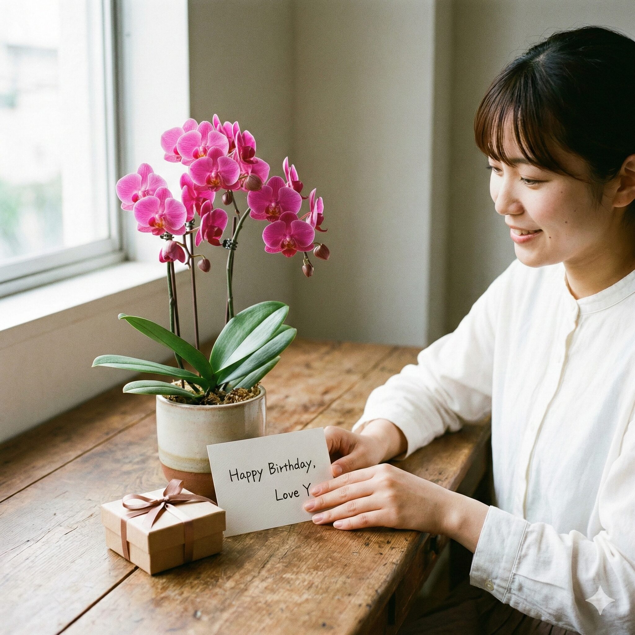 胡蝶蘭花言葉4　メッセージカードを添えた、ギフトにぴったりの華やかなピンクのミディ胡蝶蘭