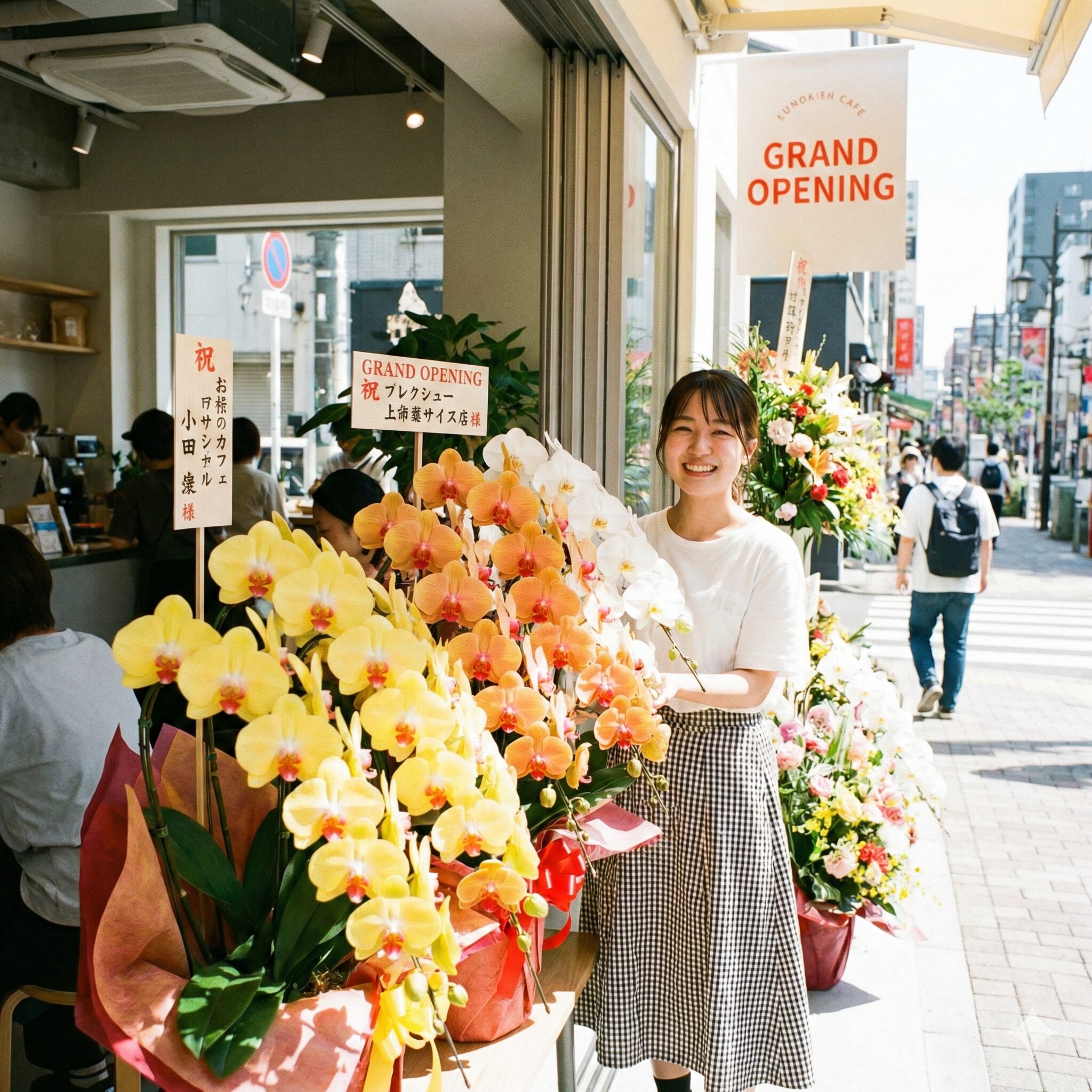 胡蝶蘭花言葉6　開店祝いとして店舗に飾られた、金運を呼ぶと言われる黄色の胡蝶蘭