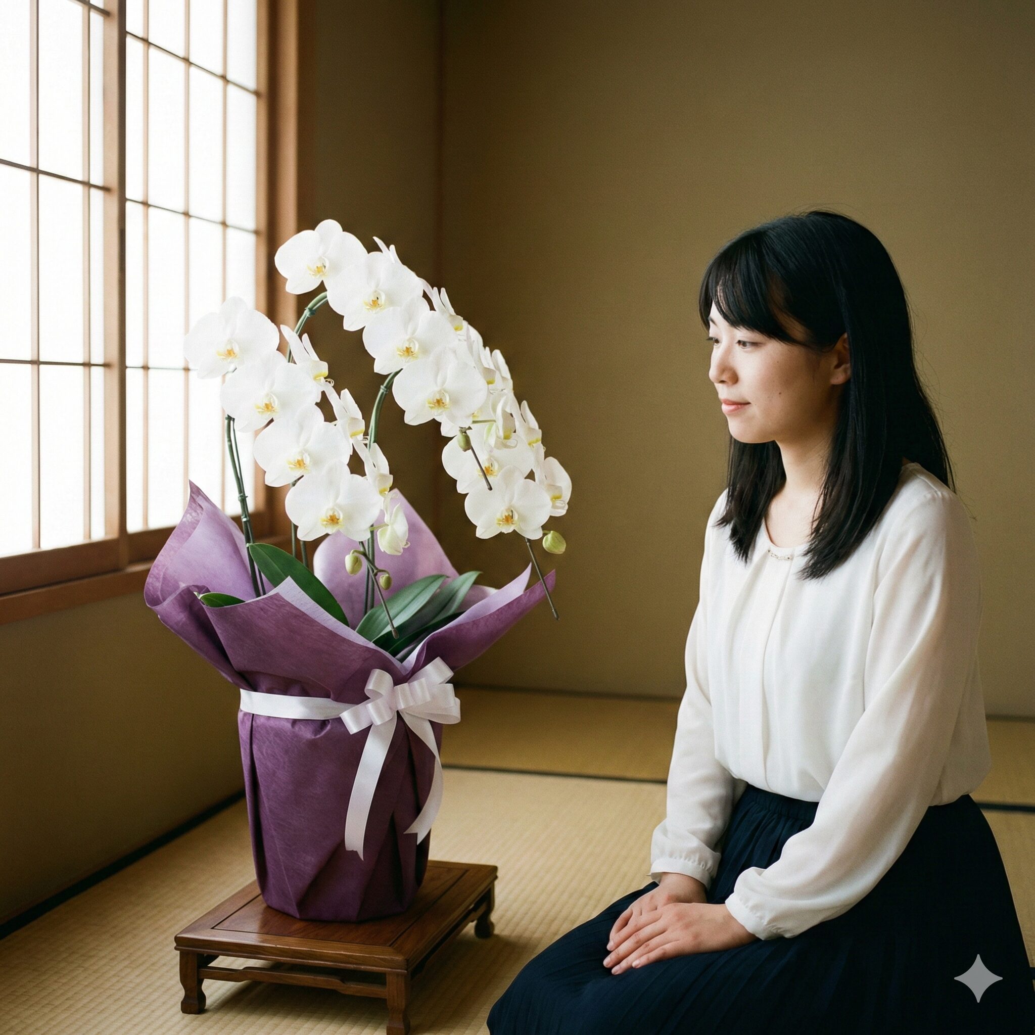 胡蝶蘭花言葉8　葬儀や法要のお供えとして適した、白一色で統一された胡蝶蘭の鉢植え