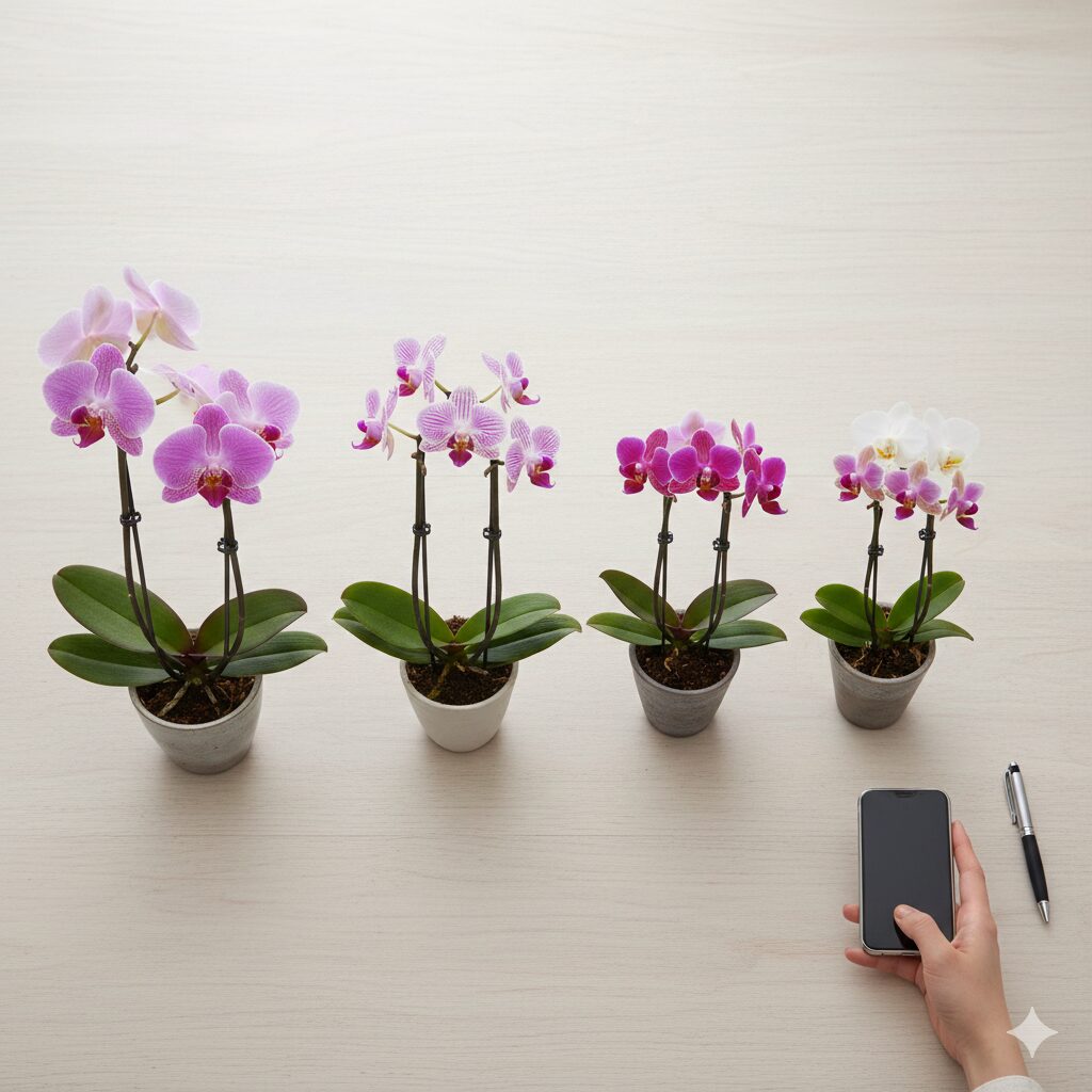 胡蝶蘭花言葉9　大輪からマイクロまで、胡蝶蘭の各サイズを比較した分かりやすい解説写真