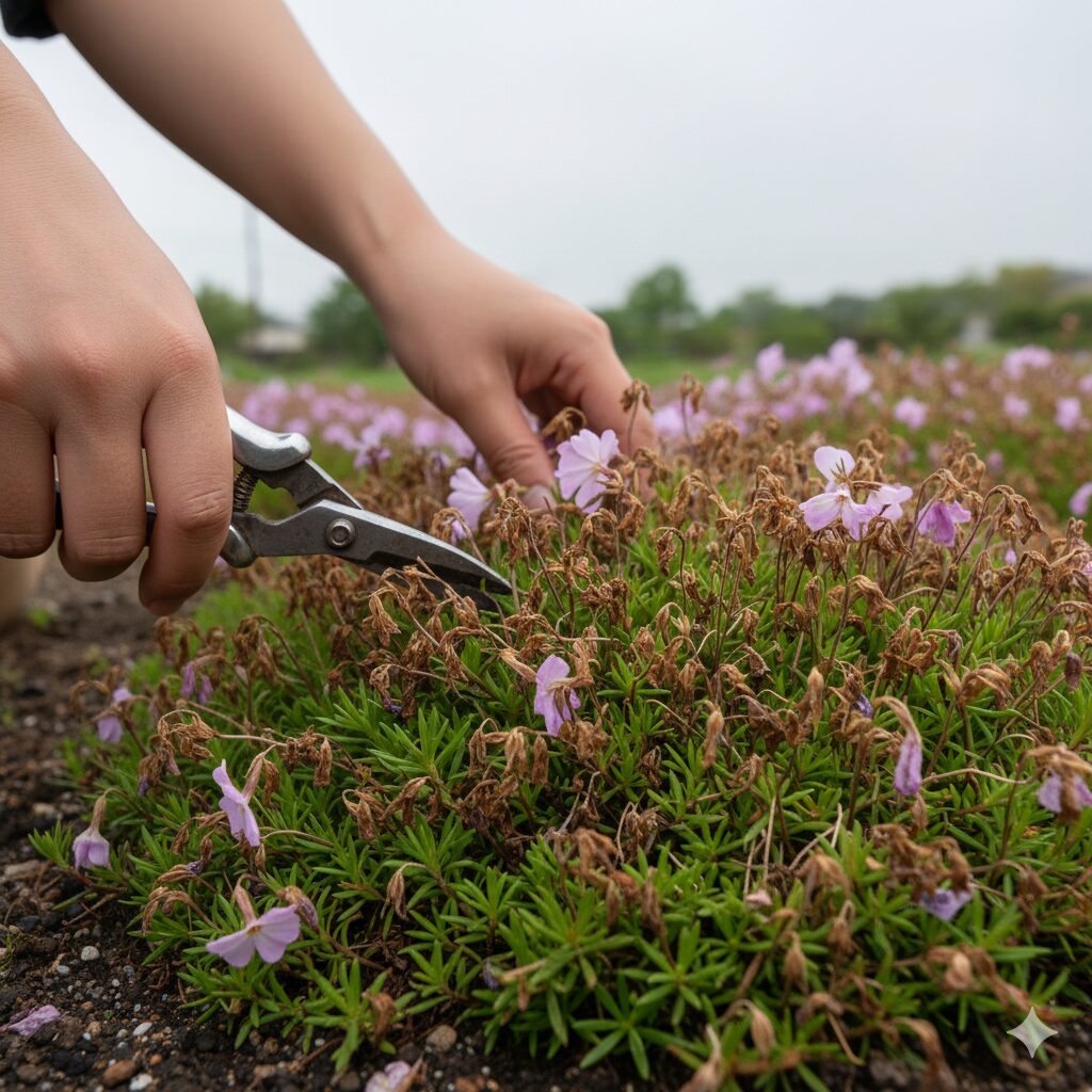 芝桜 剪定 時期2　花が終わった直後の芝桜と梅雨入り前に剪定を始めるタイミングのイメージ