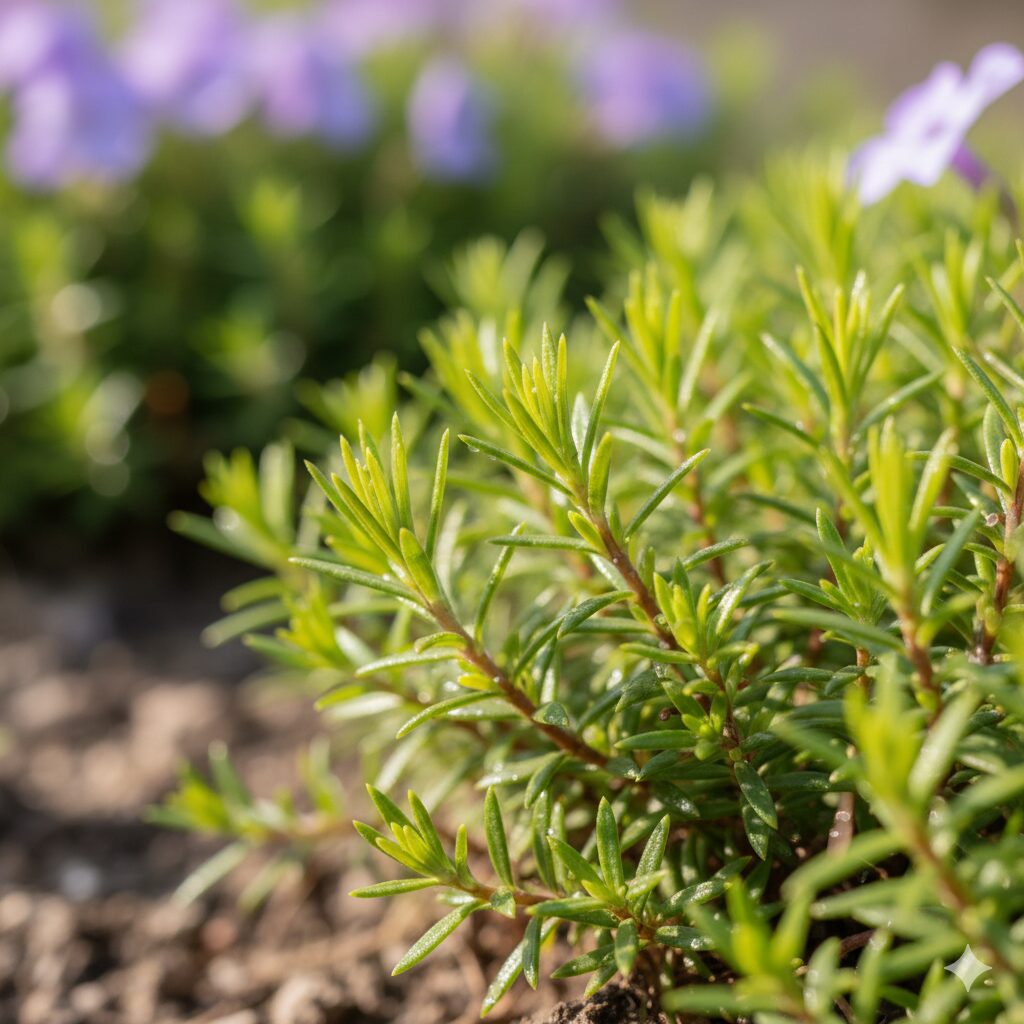 芝桜 剪定 時期3　芝桜の緑色の茎から伸びる翌春のための新しい芽（花芽）の拡大