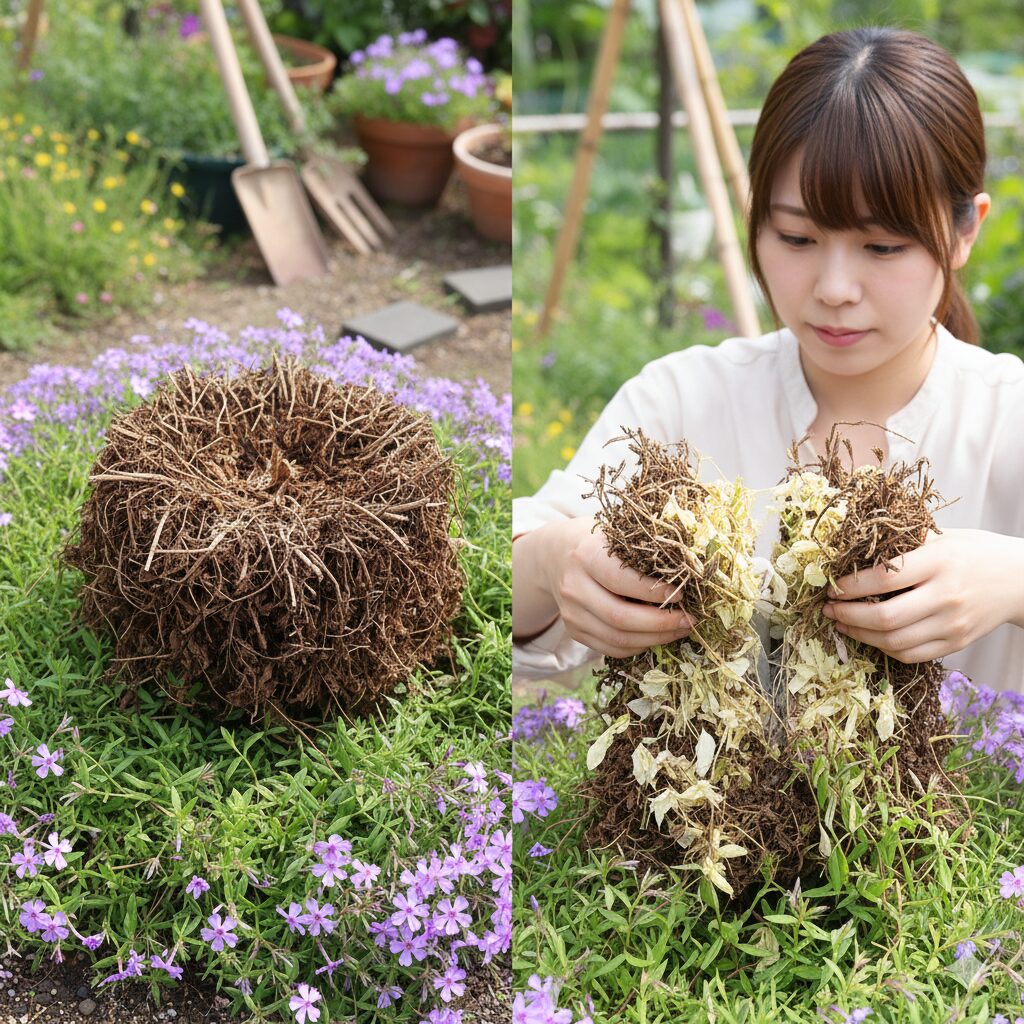芝桜 剪定 時期5　手入れ不足で木質化し内部が蒸れて茶色くなった芝桜の株の様子