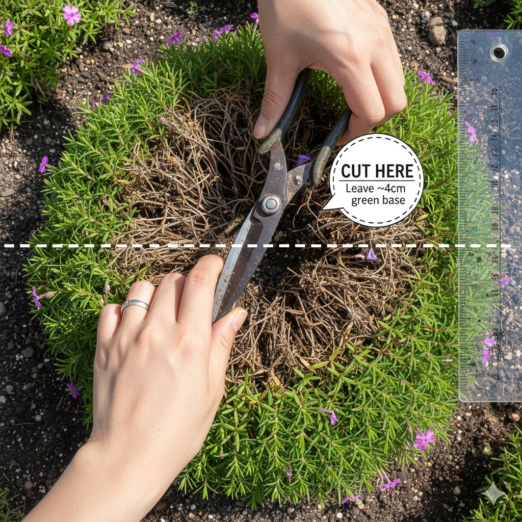 芝桜 剪定 時期6　芝桜の剪定で緑の葉を数センチ残してカットする正しい切り戻しの位置