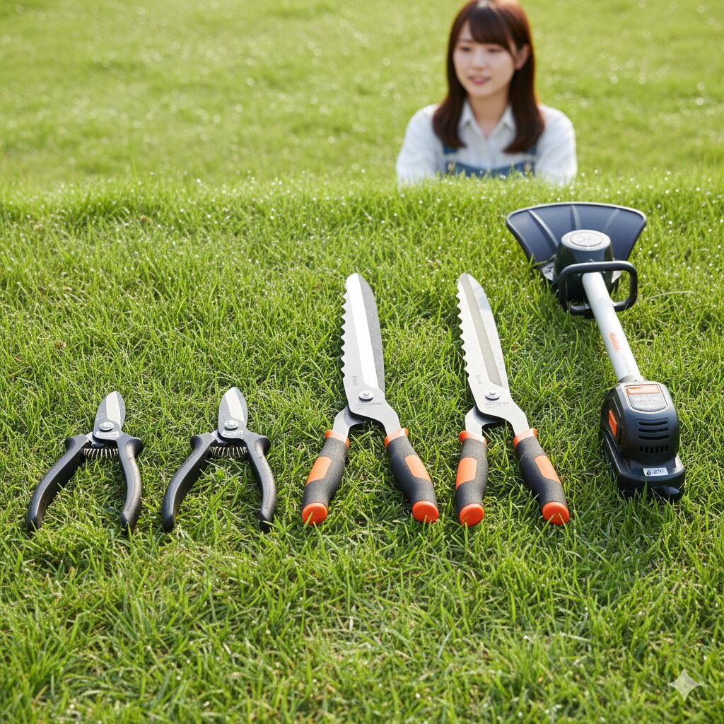 芝桜 剪定 時期7　芝桜の剪定に使用するハサミと便利な電動バリカンの道具一式