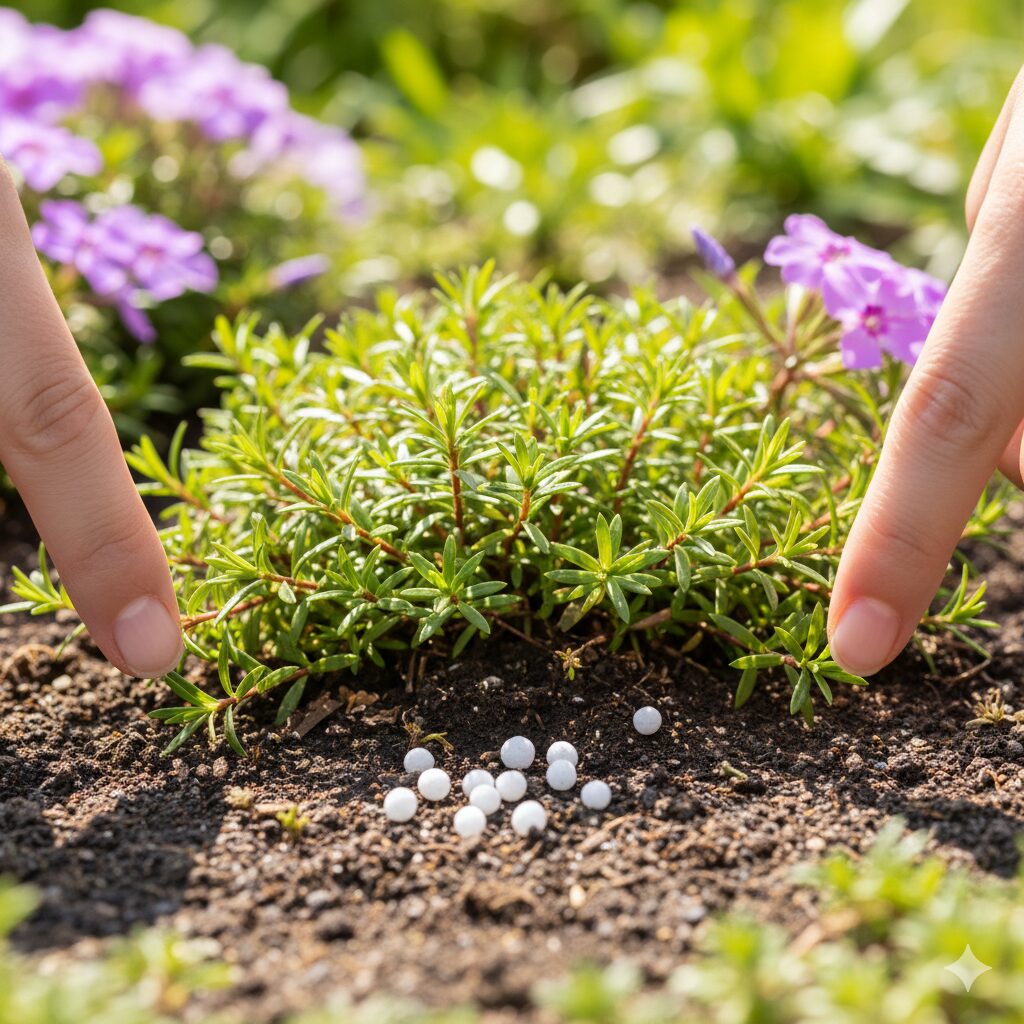芝桜 剪定 時期9　芝桜の株元に適切に与えられた緩効性肥料とお礼肥の様子