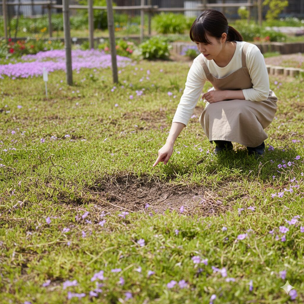 芝桜 寿命2 植え付けから数年が経過し花の密度が低下し始めた芝桜の様子