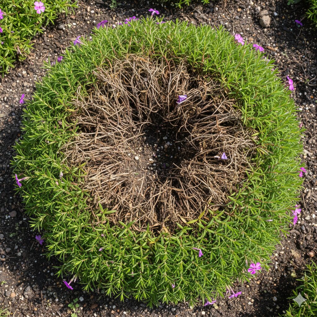 芝桜 寿命3 株の中心が茶色く枯れてドーナツ状になった芝桜