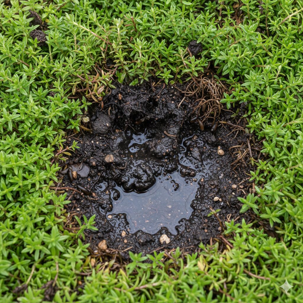 芝桜 寿命5 梅雨の高温多湿で蒸れて根元が黒く腐敗した芝桜の株