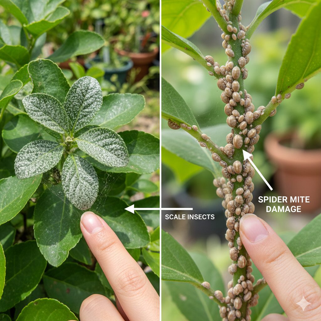 芝桜 寿命6 ハダニの被害で白くカスリ状に変色し衰弱した芝桜の葉