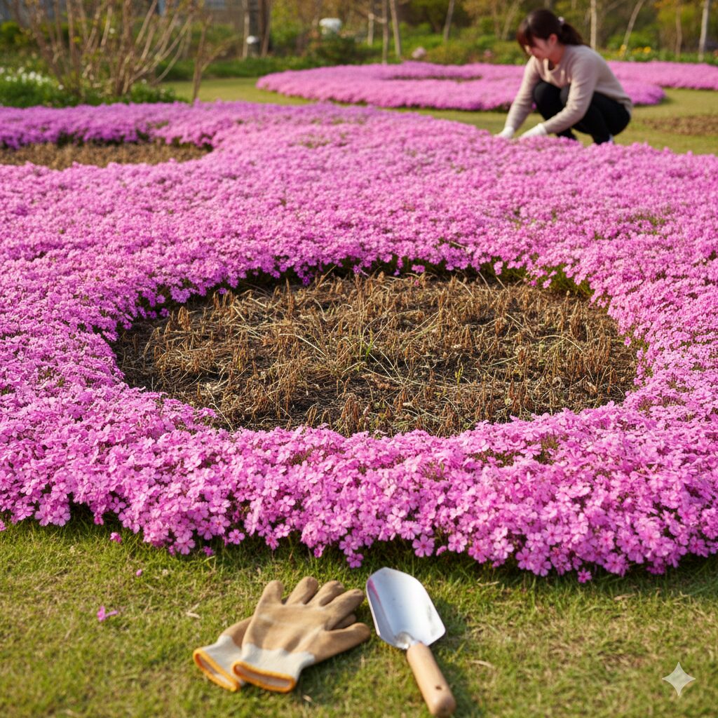 芝桜 枯れる原因1　庭一面に咲く健康な芝桜と、一部が茶色く枯れ始めた芝桜の対比。枯れる原因と対策を考えるイメージ写真。