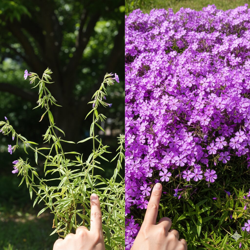 芝桜 枯れる原因2 日照不足により茎がひょろひょろと徒長し、組織が弱くなってしまった芝桜。