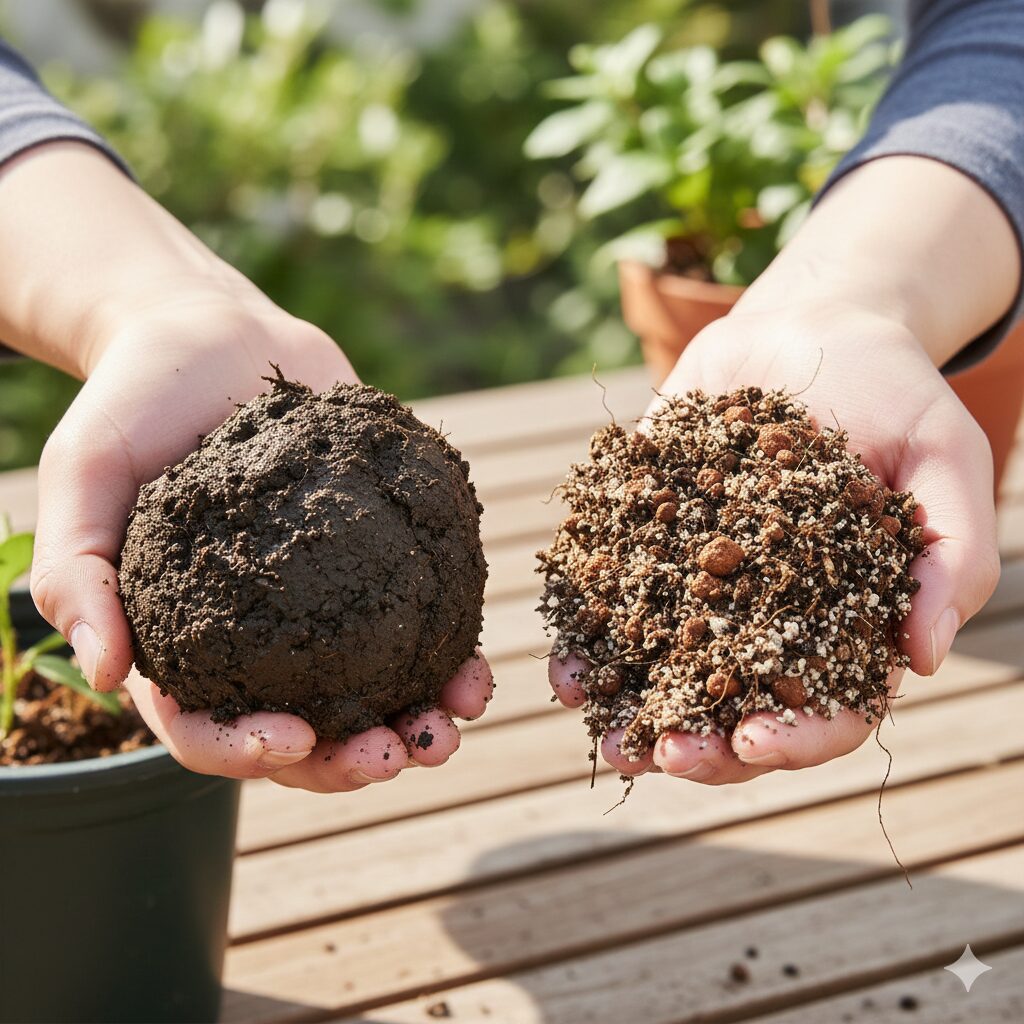 芝桜 枯れる原因3 排水性の悪い粘土質な土と、芝桜に適した水はけの良い改良土の比較。