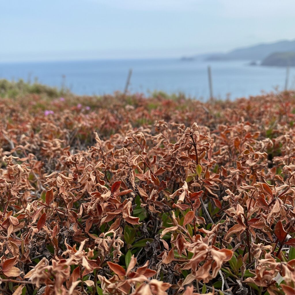 芝桜 枯れる原因4 海岸付近で潮風(塩害)を受け、葉全体が茶色く焼けたように枯れた芝桜。