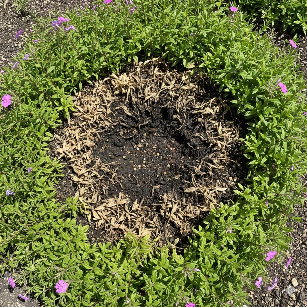 芝桜 枯れる原因5 夏の高温多湿によって株の内部が蒸れ、中心部から茶色く枯れこんでしまった芝桜。